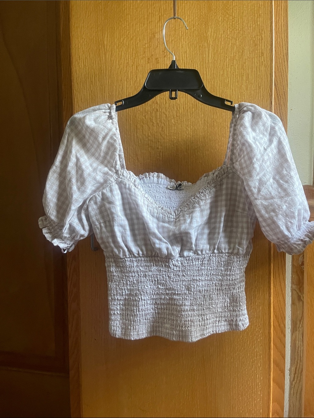 Abercrombie & Fitch White Gingham Smocked Puff-Sleeve Crop Top